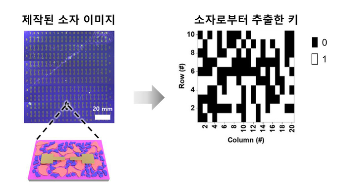제작된 PUF 소자 이미지 및 소자로부터의 키 추출
